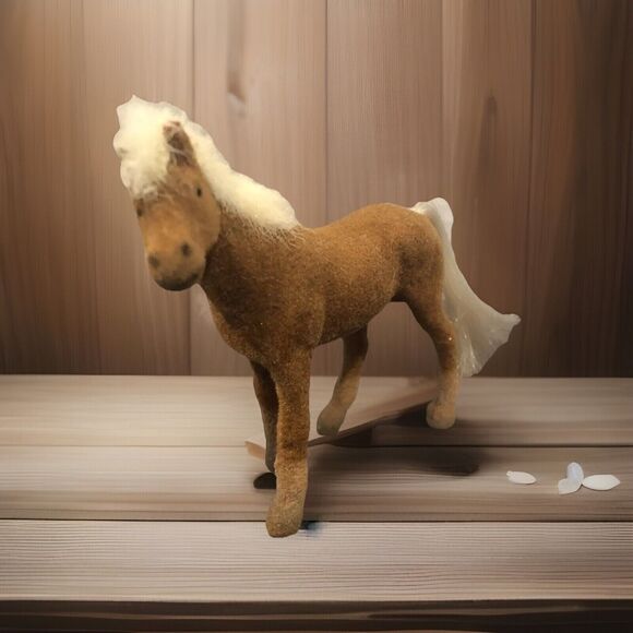 Flocked Plastic Toy Horse Brown Felted White Mane Soft Pony Figure Figurine 3” - Picture 1 of 10